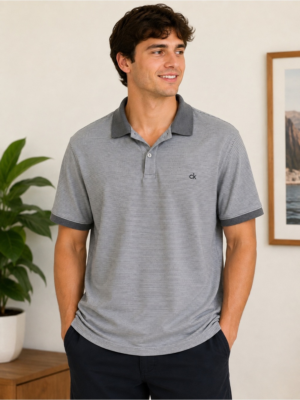 Calvin Klein Men's Grey White Striped Polo Shirt XL shirt sleeve golf casual